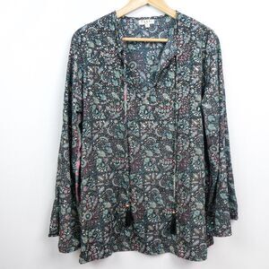 Paani Paisley‎ Gold Metallic Blouse Sz L Navy Blue Multi Tassel Tie Flare Sleeve